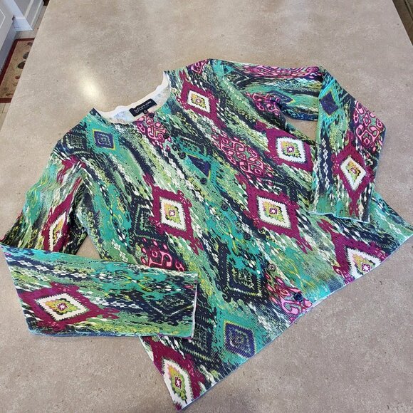 JONES NEW YORK Signature Multi-Colors Graphic Print L/S Button-Down Cardigan PM - Picture 6 of 14